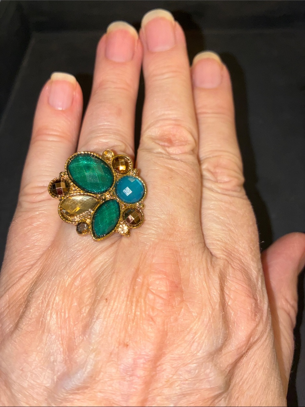 Gold-Tone Multistone Cocktail Ring with Green and Teal Accents